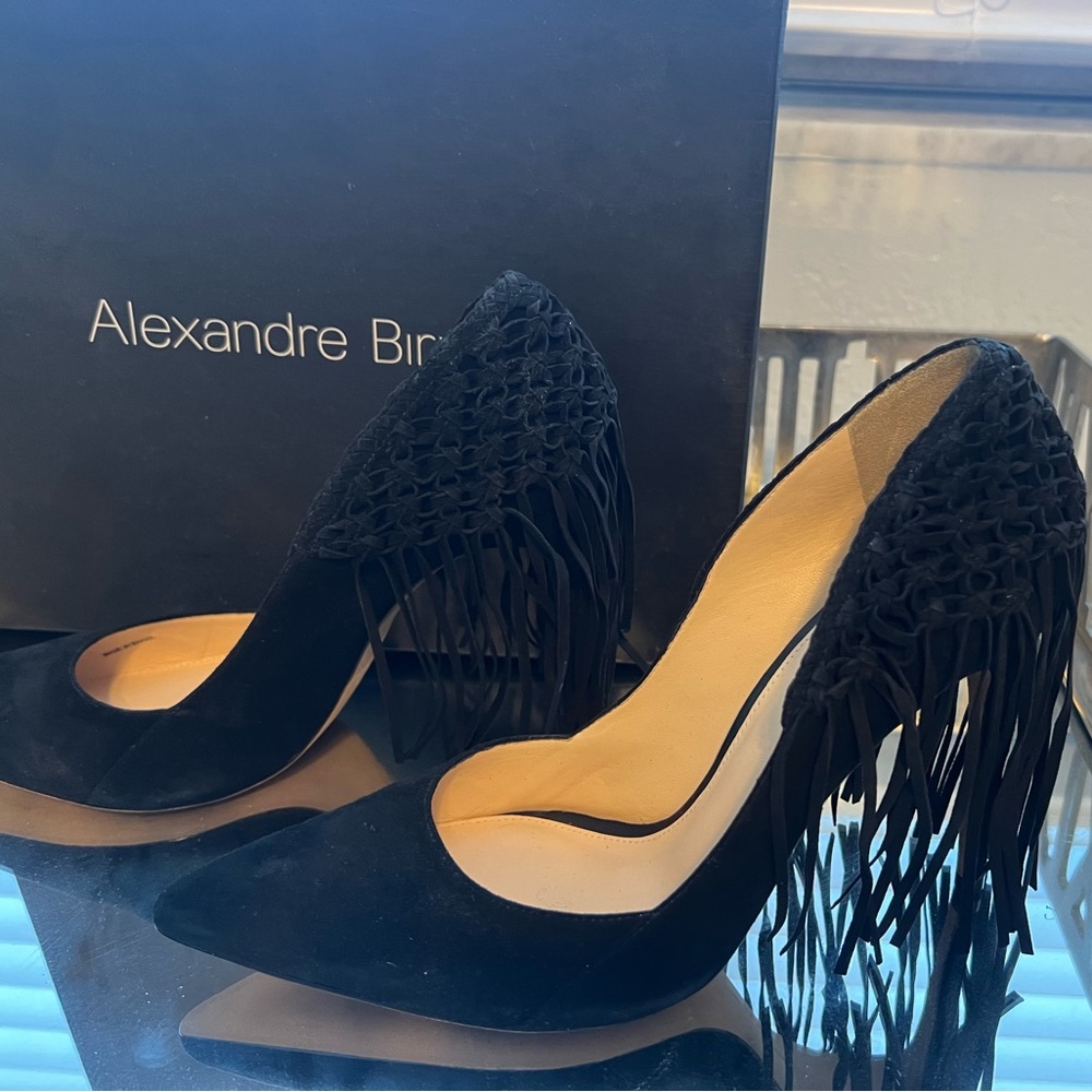 Alexandre Birman Black Suede Pointed-Toe Fringe High Heels